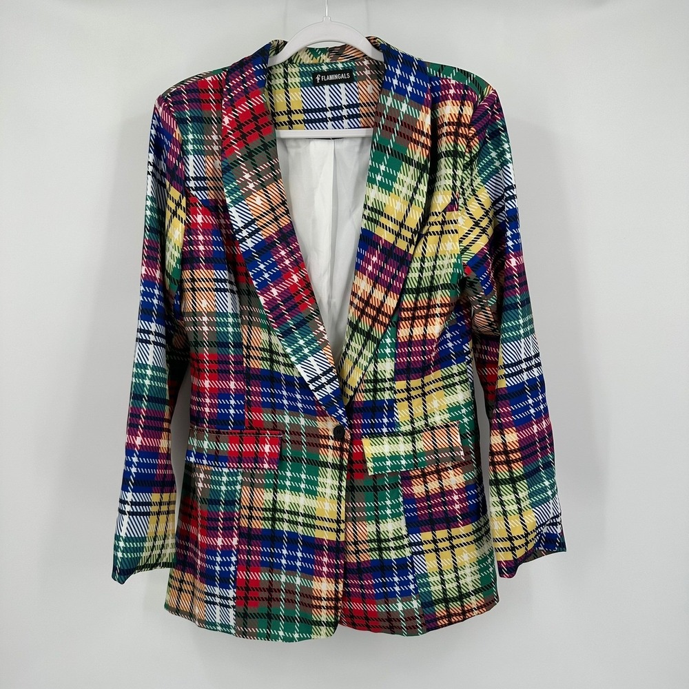 Womens Indie Blazer Size 2X Rainbow Plaid Bold Retro Colorblock Art To Wear
